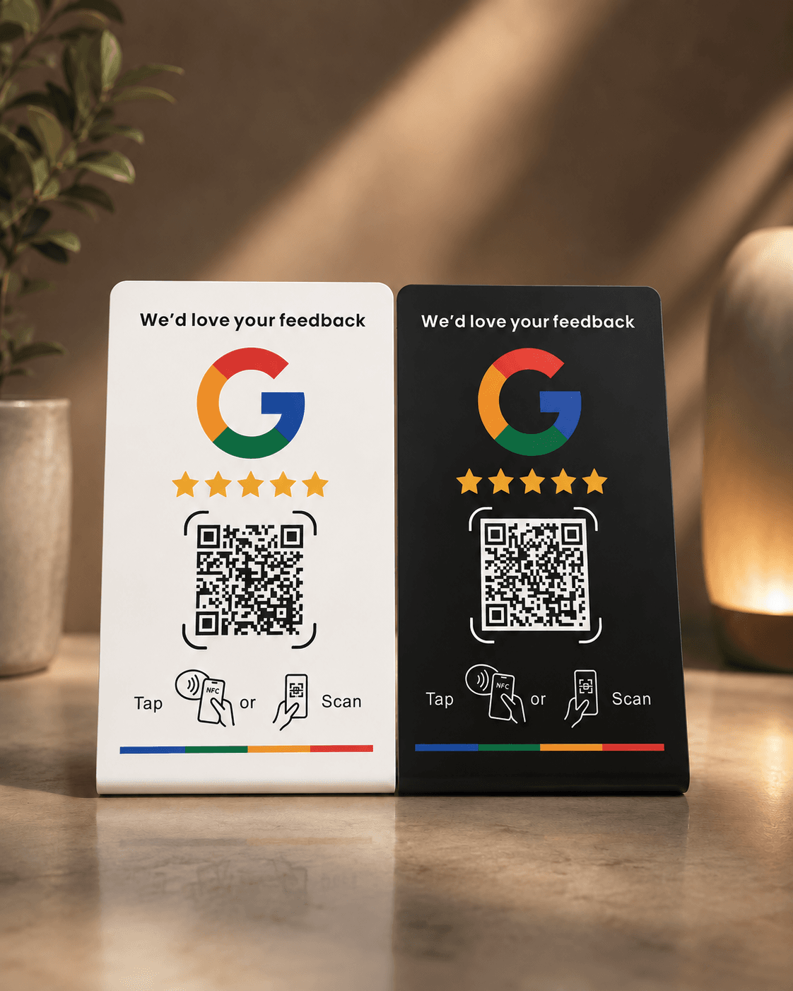 Taptiva Table Stand negro y blanco con NFC y QR